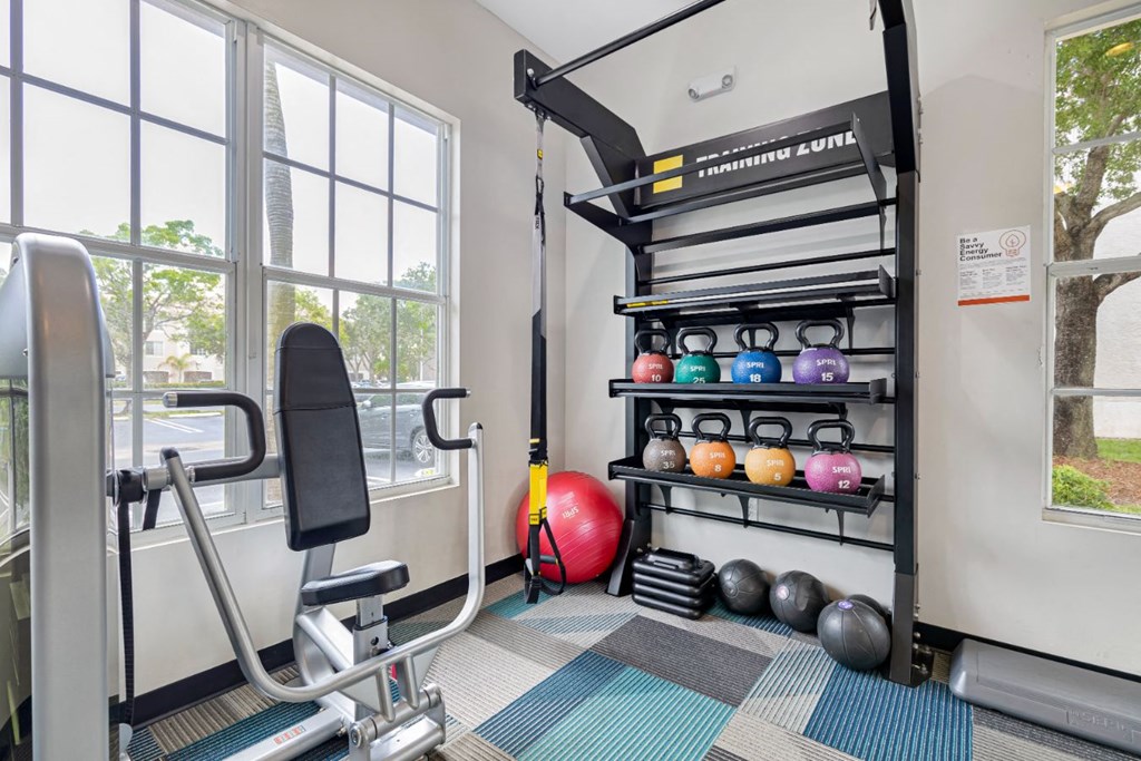 the gym at the flats at big tex apartments