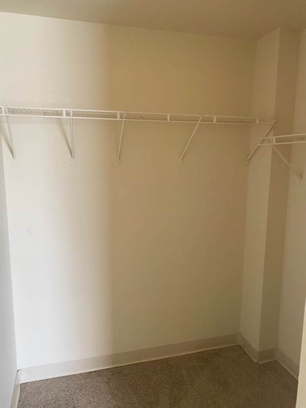 a empty closet with a white wall and clothes rails