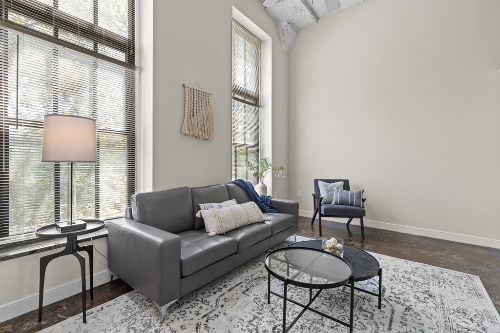 a living room with a couch and a chair and two windows