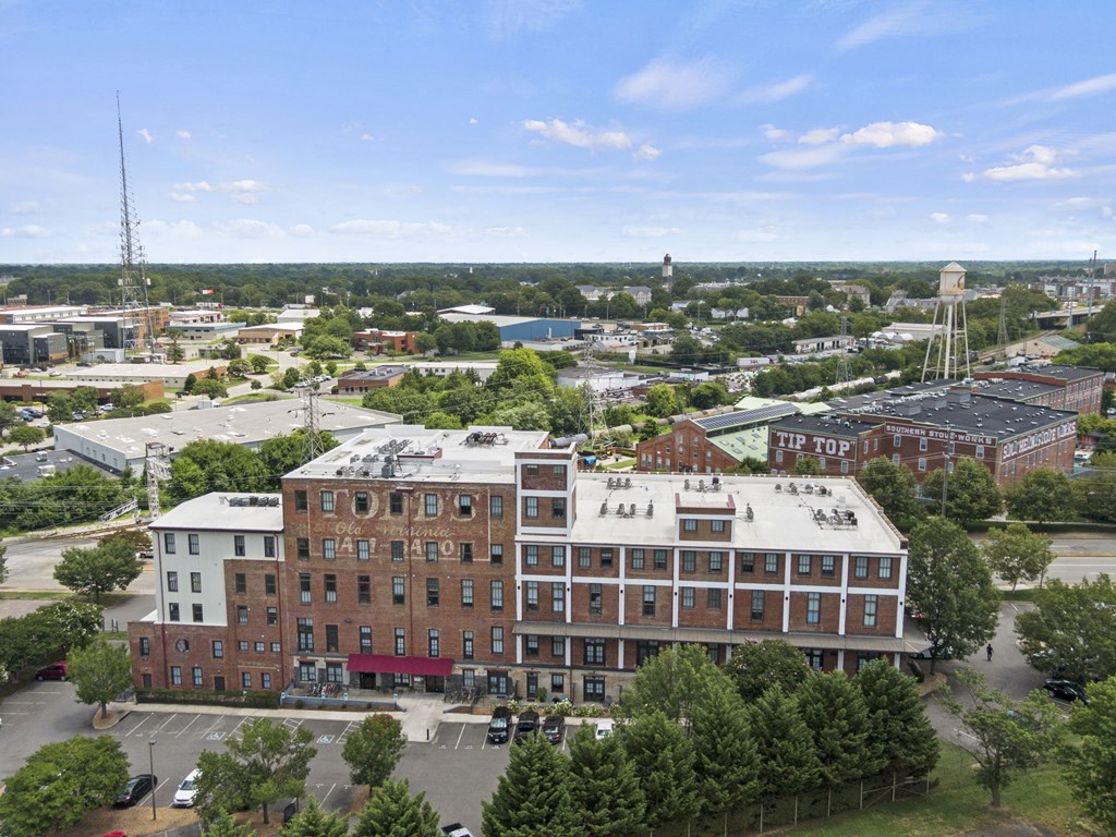 an aerial view of a building in the city
