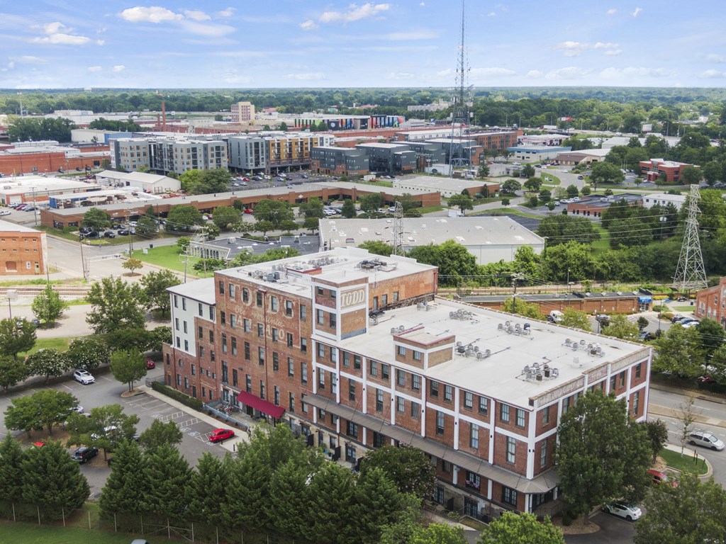 an aerial view of a building in a city