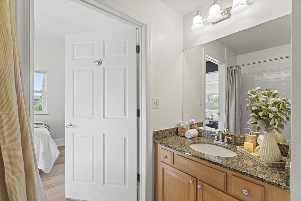 a bathroom with a sink and a mirror