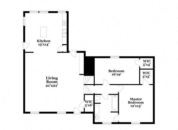 a floor plan of a house with an open floor plan with bedrooms and a kitchen