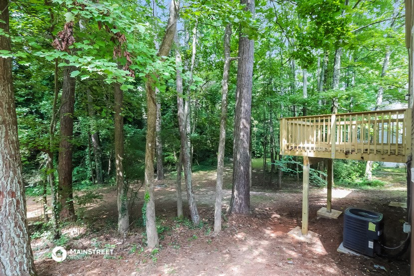 a deck in the woods with a tree house