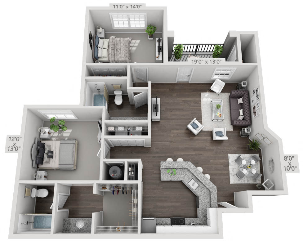 two bedroom two bath floorplan 2A