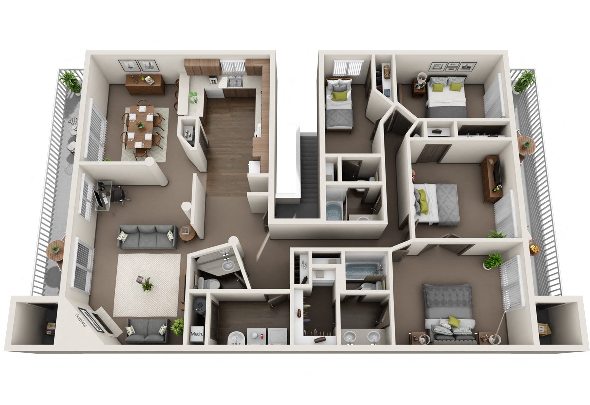 Floor plan of a four bedroom apartment with virtual staging.at Cedarwood, Renton Washington