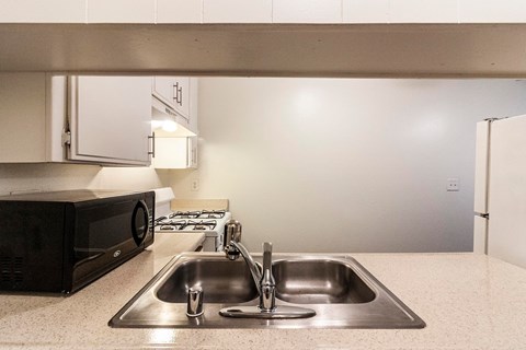 A kitchen with a sink and a microwave.