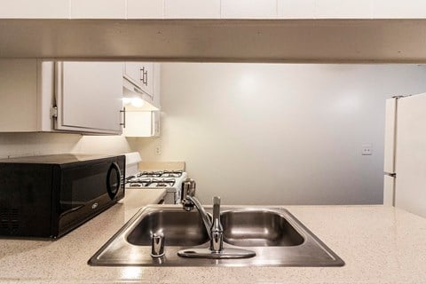 A kitchen with a sink and a microwave.