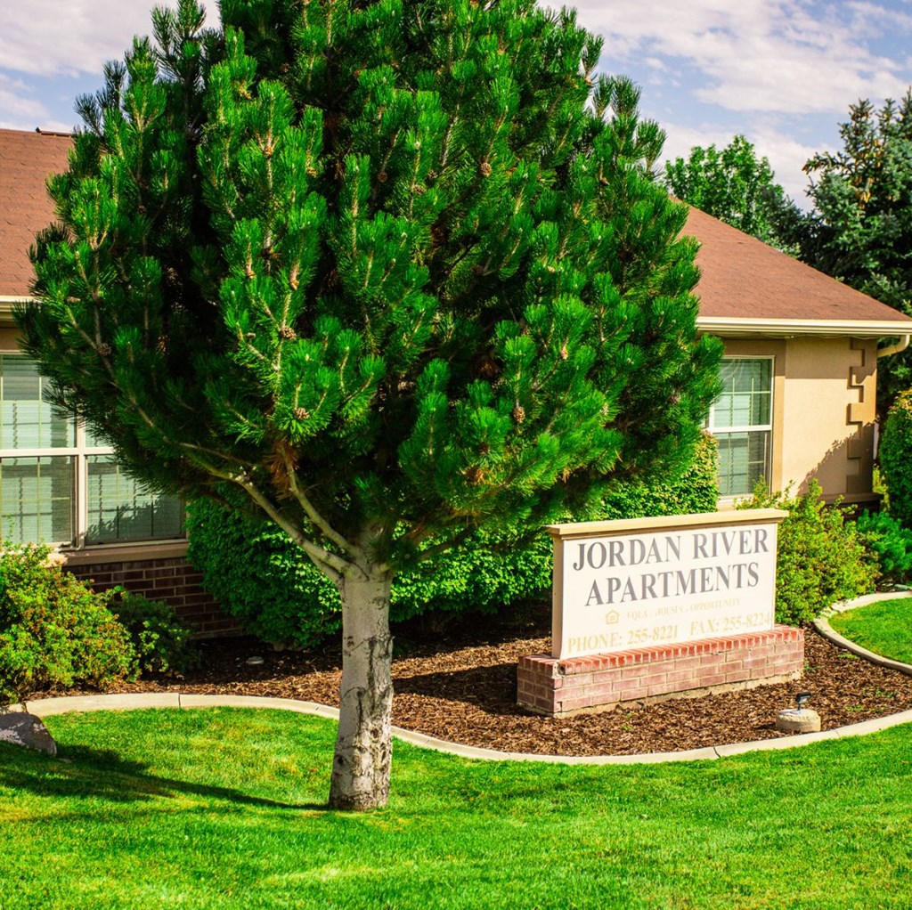 A tree stands in front of a house with a sign that says Jordan River Apartments.