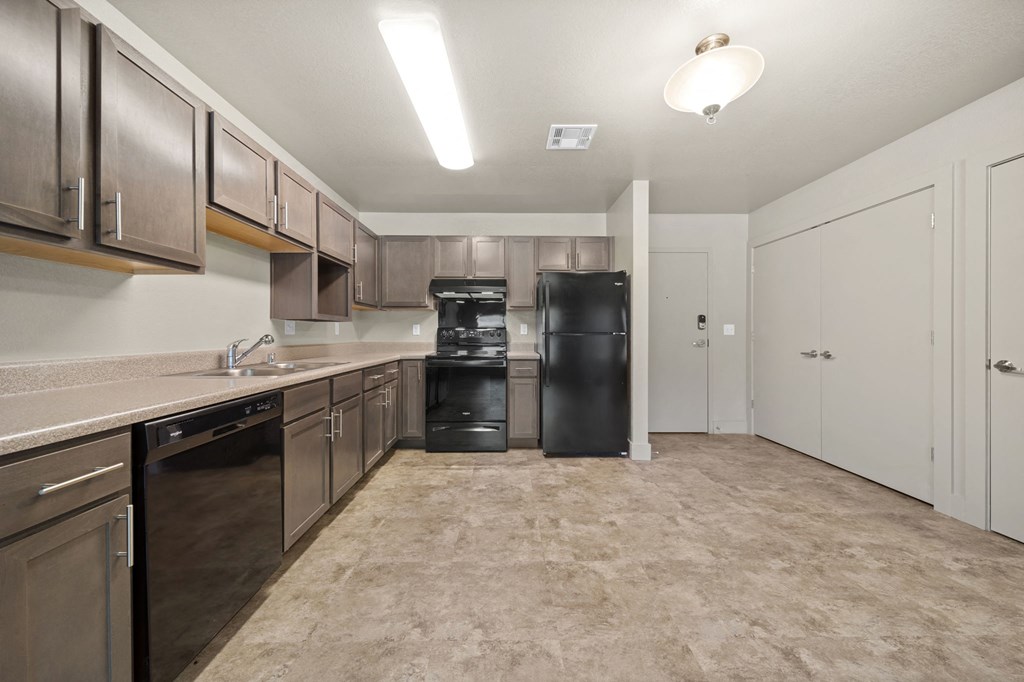 a kitchen with stainless steel appliances and wooden cabinets