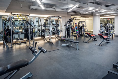 a gym with weights and cardio equipment in a building
