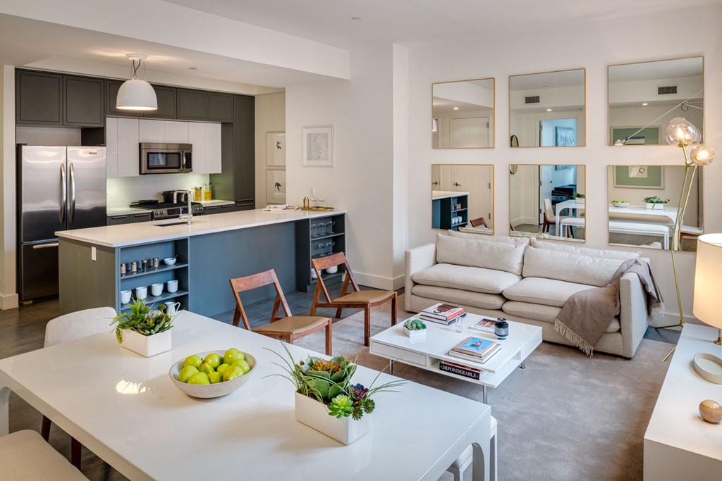 a living room with a couch and a table