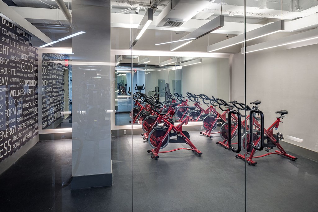 a row of bikes in a room with glass walls