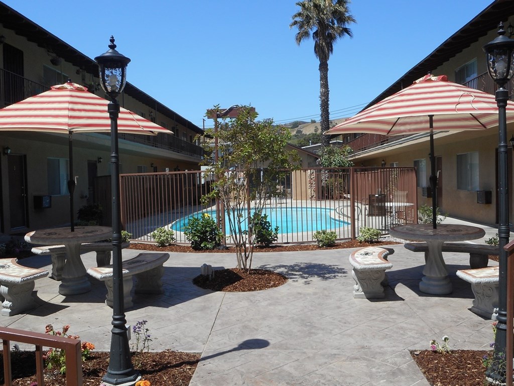 a pool with umbrellas in front of a house