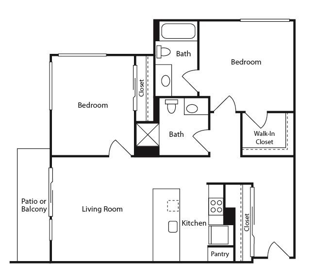 2 Bedroom B, 2 br, 2 ba, 977-979 sq. ft.