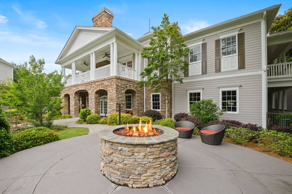 Pool-side fire pit at Crestmark Apartments