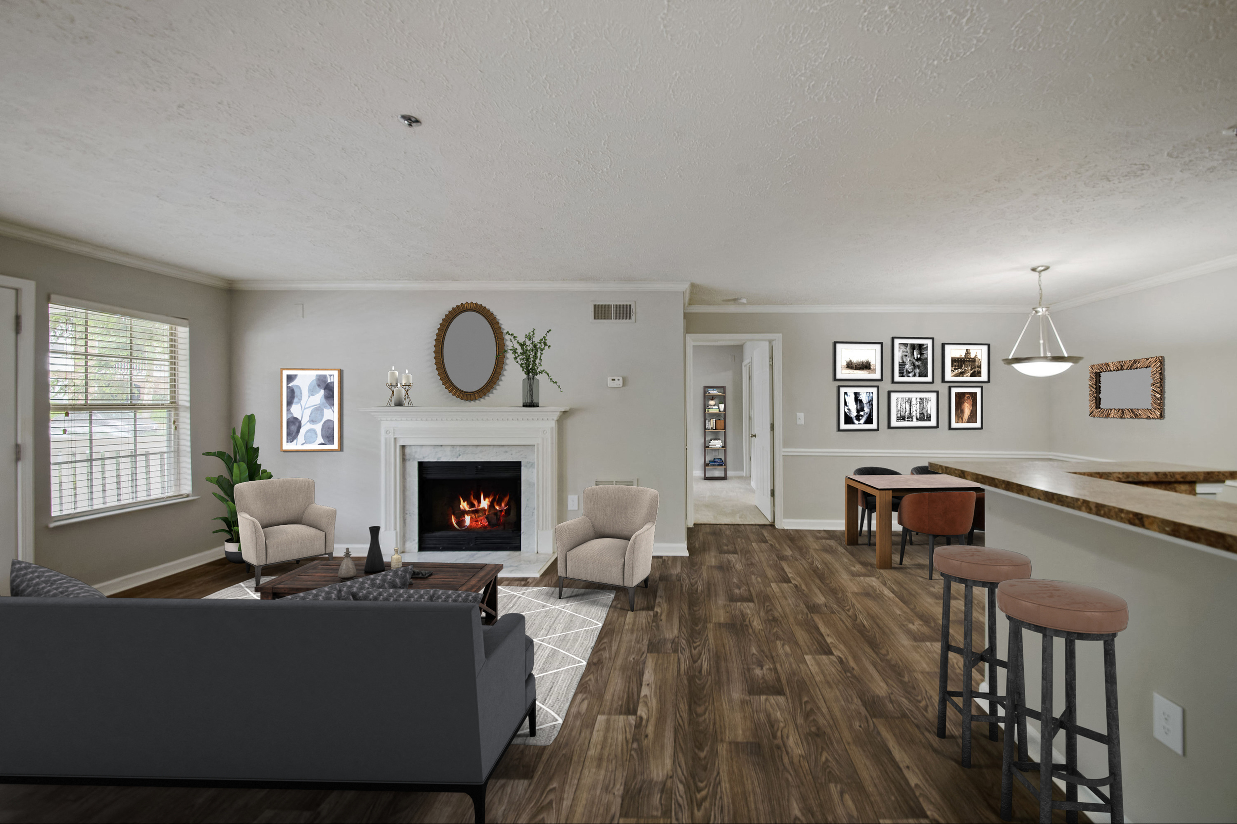 Open Living room and Kitchen space at Crestmark Apartments