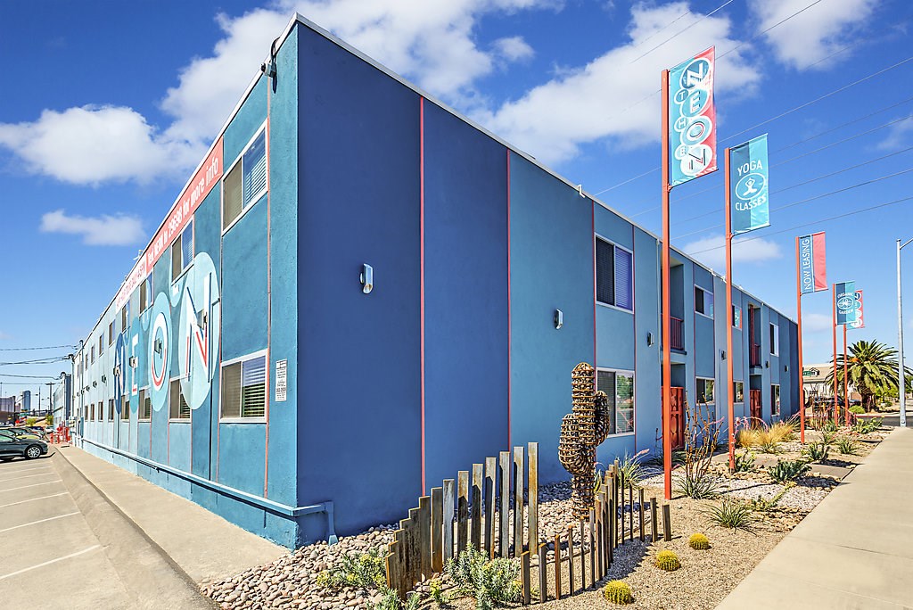 a blue building with a cactus in front of it