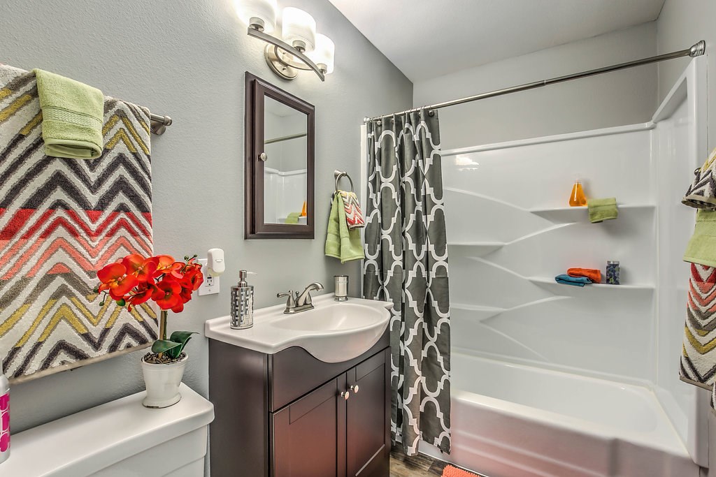 a bathroom with a sink and a shower and a tub
