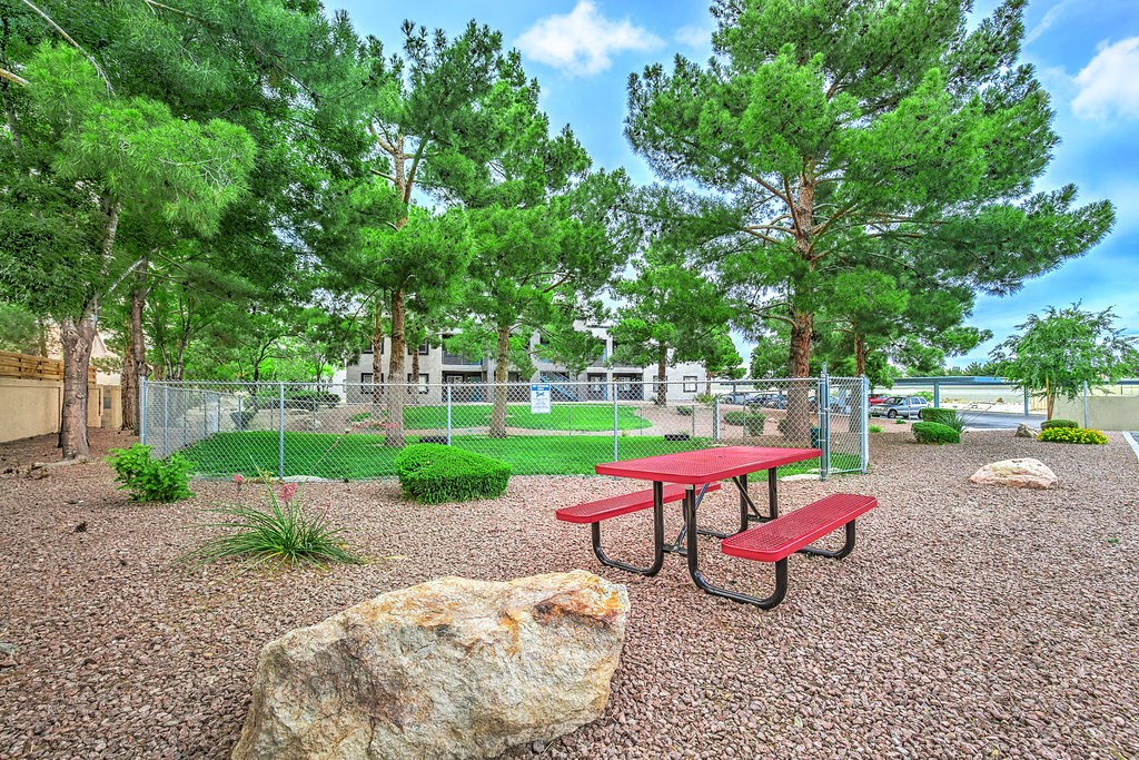 a picnic table in a fenced in area with trees and a rock
