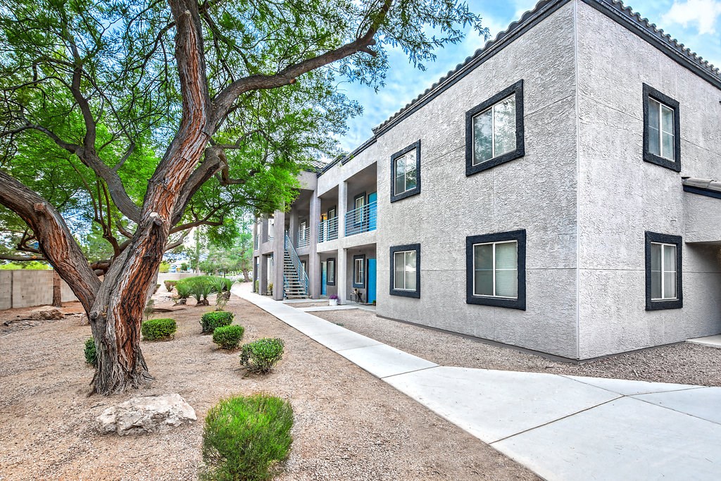an exterior view of a building with a tree and a sidewalk