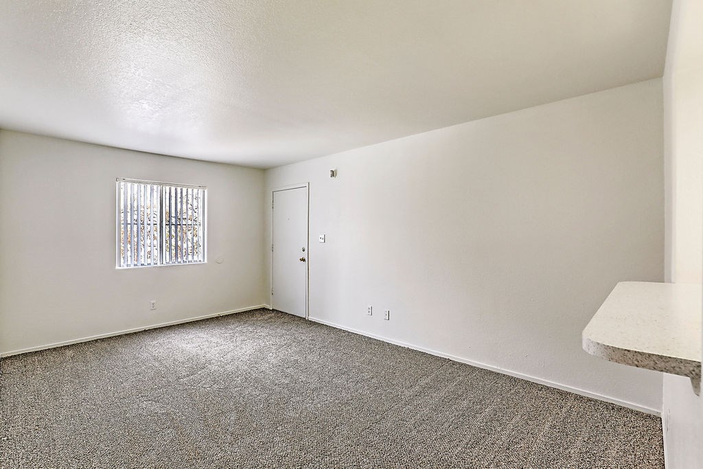 a living room with carpet and a door to a bedroom