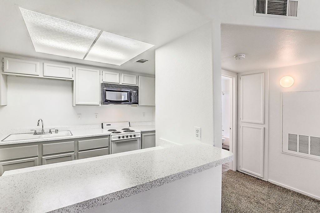 a kitchen with a counter top and a sink