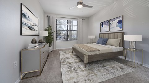 an empty bedroom with a bed and a window