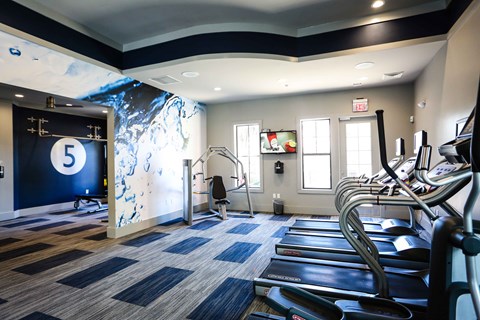 a gym with cardio equipment and a mural on the wall