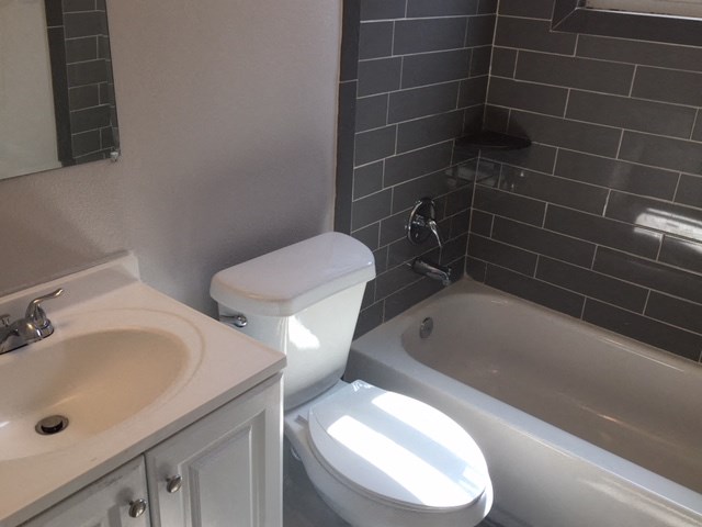 a bathroom with a toilet and a tub and a sink