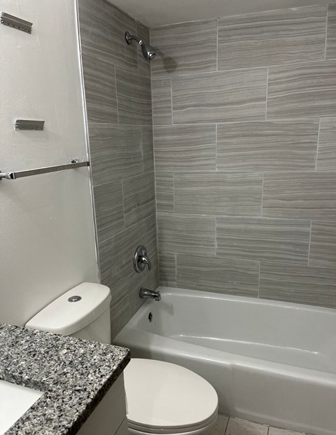 A white toilet sits next to a bathtub in a bathroom.