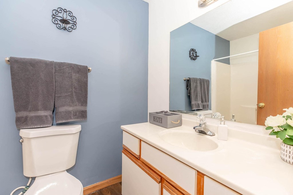 a bathroom with a toilet sink and a mirror