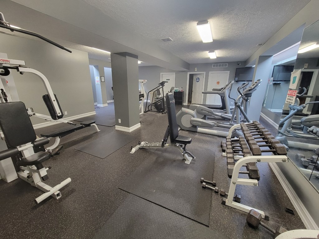 a gym with cardio machines and weights on the floor