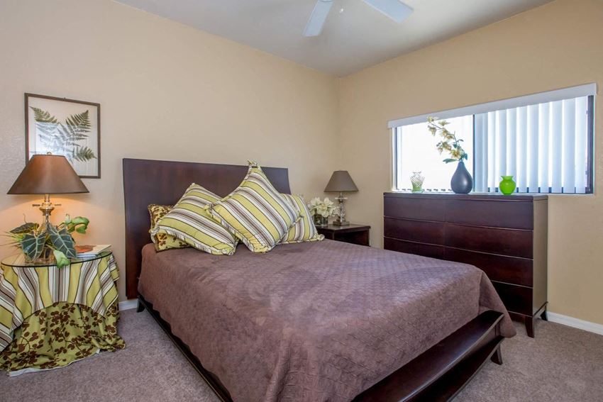 a bedroom with a bed and a dresser and a window