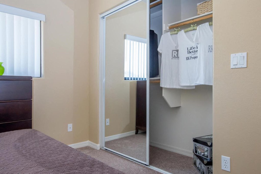 a bedroom with a closet and a mirrored closet door