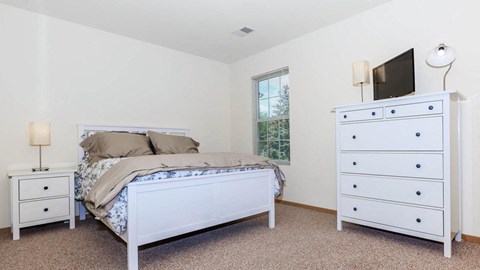 A bedroom with a bed, dresser, and nightstand.