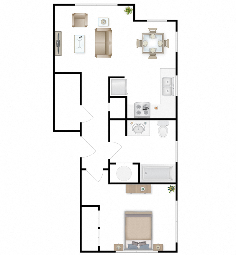 A one bedroom floor plan at Gallatin Trails Apartments