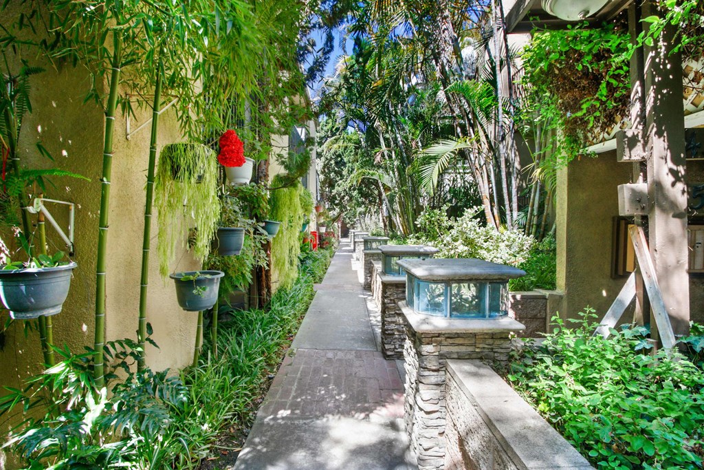 the path to the villa is lined with plants and tables