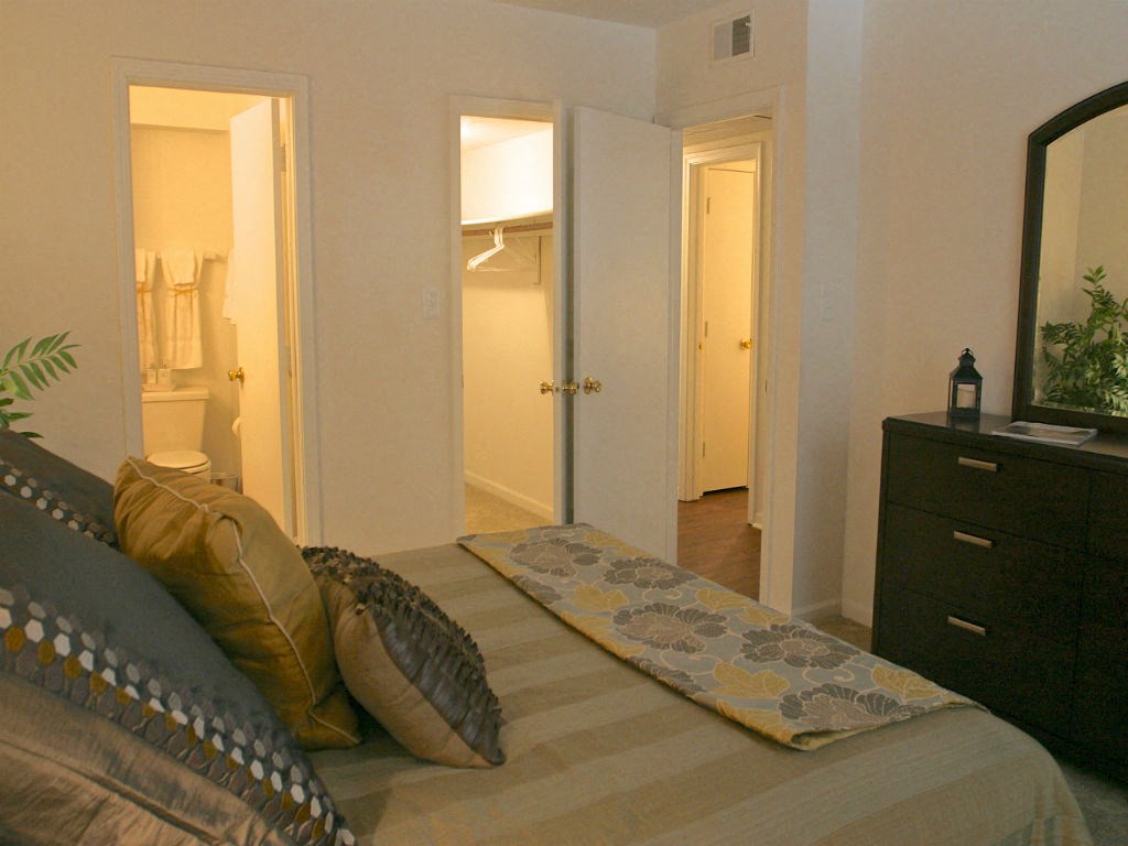 a bedroom with a bed and a dresser and a closet