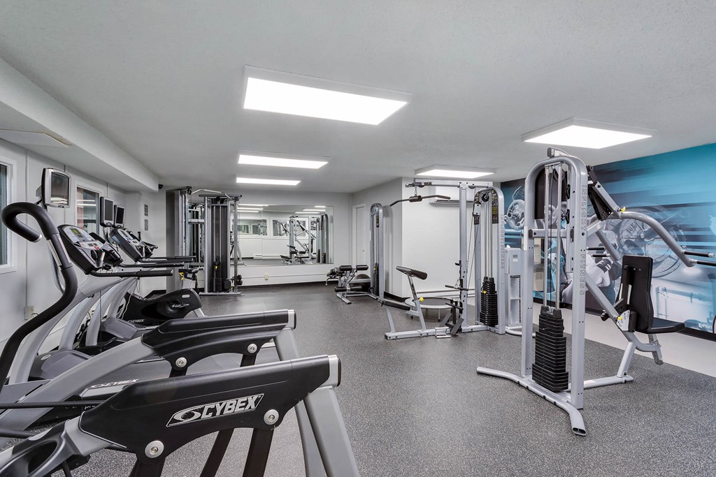 a gym with weights and cardio equipment at the enclave at university campuses