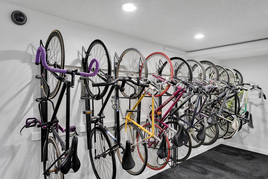 a row of bikes hanging on a wall in a garage