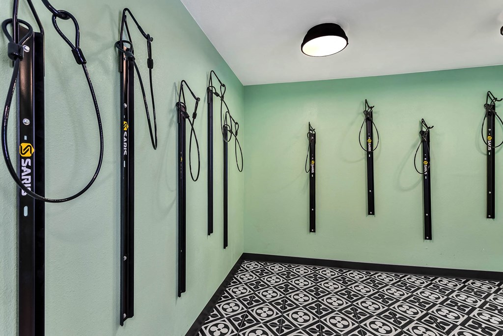 a wall of different types of hoses on the wall of a room