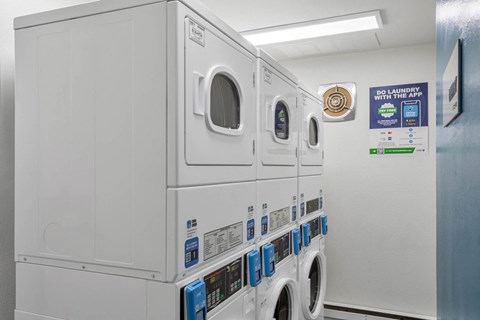 a row of washing machines in a laundry room