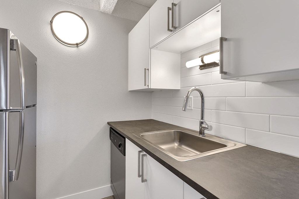 a kitchen with a sink and a refrigerator