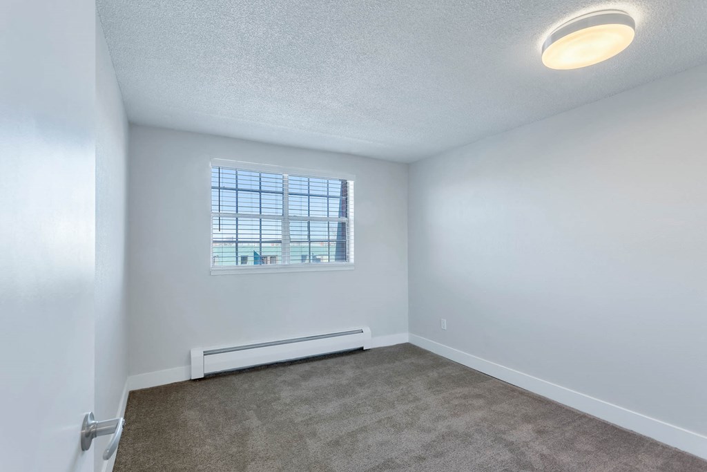 a bedroom with a window and a carpeted floor