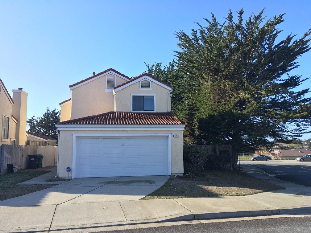 a house with a white garage door and a tree