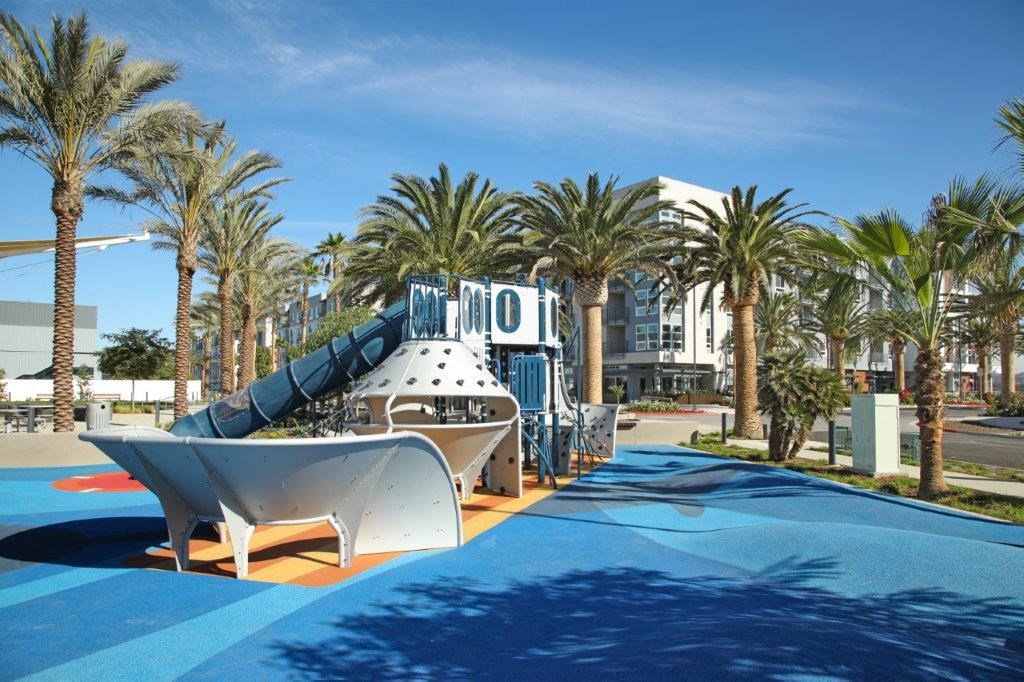 Exciting water slide park surrounded by palm trees