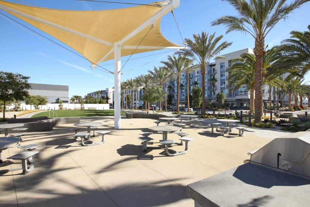 Spacious outdoor seating area featuring tables and palm trees for a relaxed atmosphere