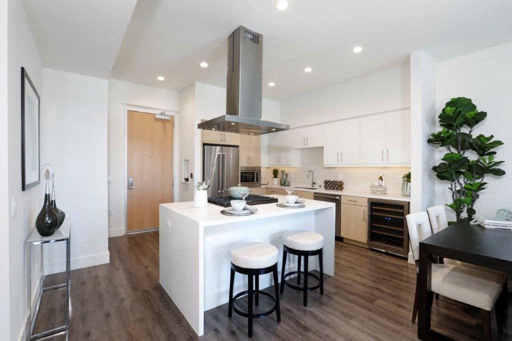 Open kitchen with island and stools