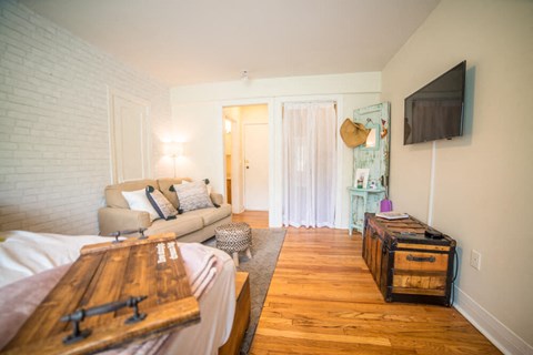 a living room with a couch and a table and a television